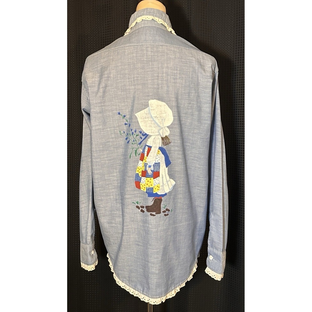 Vintage 70's Hand Painted Holly Hobbie Blue Chambray Shirt White Eyelet Trim